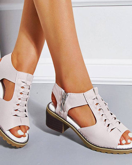 Libiyi Peep Toe Cutout Zipper Chunky Heeled Sandals - Libiyi